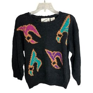 Vintage Waterville Womens Black Knit Sweater Abstract Colorful Art Flowers 90s L
